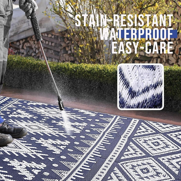 Waterproof Outdoor Rug 9x12 ft, Reversible Plastic Straw Patio Camping Rugs, Large Foldable Outdoor Carpet Deck Rugs for Patio, RV, Outside Entry, Backyard, Bench, Picnic, Navy & White - Just Closeouts Canada Inc.