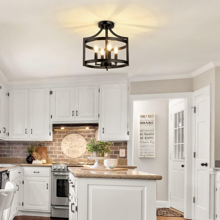 WBinDX 4 - Light Semi Flush Mount Ceiling Light Farmhouse Small Black Chandelier, Convertible Rustic Industrial Cage Pendant Lighting for Kitchen Island Dining Room Bedroom Foyer Hallway Entryway - Just Closeouts Canada Inc.