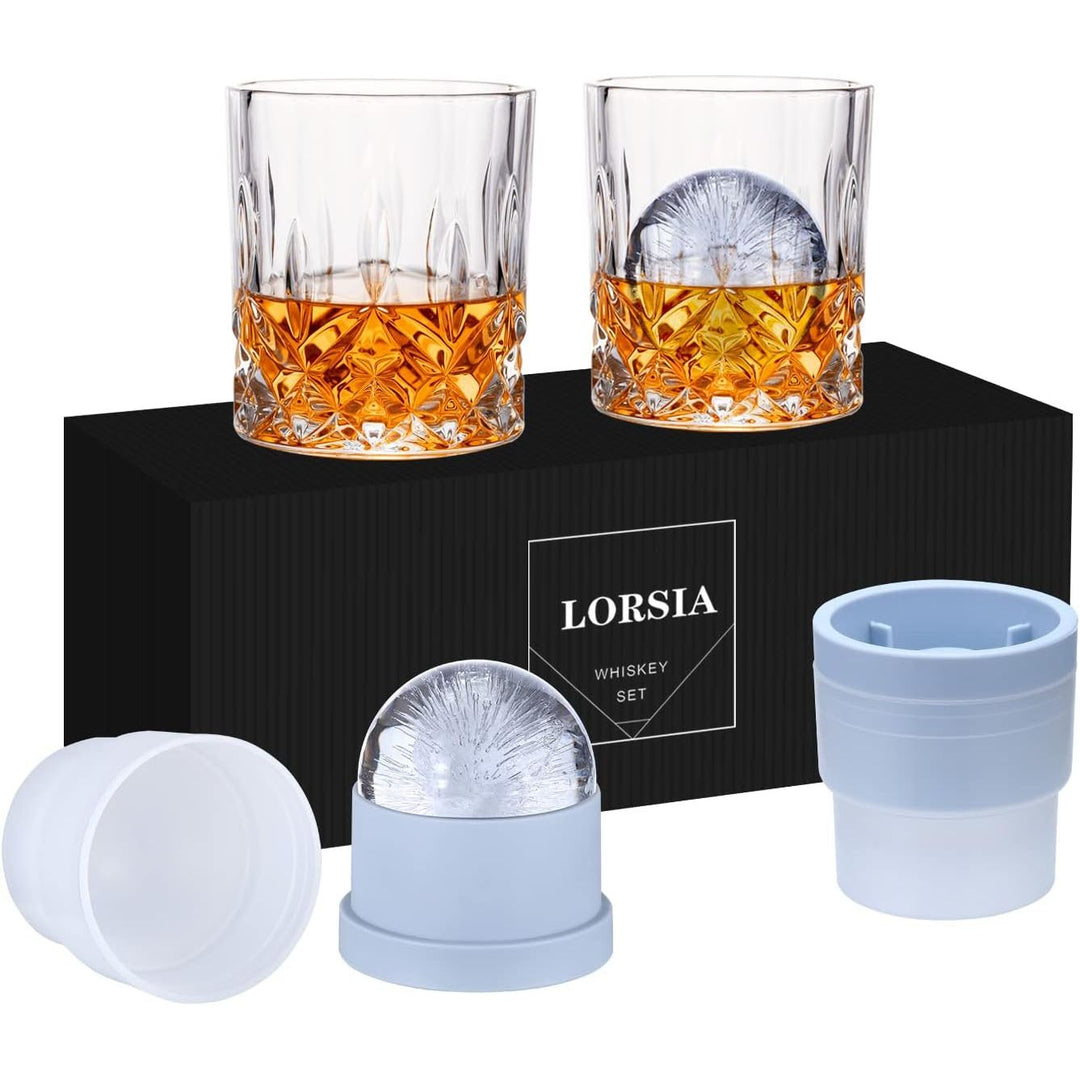 Whiskey Rocks Glass, Set of 4 (2 Crystal Bourbon Glasses, 2 Round Big Ice Ball Molds) In Gift Box - Just Closeouts Canada Inc.