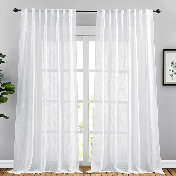 White 66 x 95 in semi-sheer curtain pair hanging by back tabs