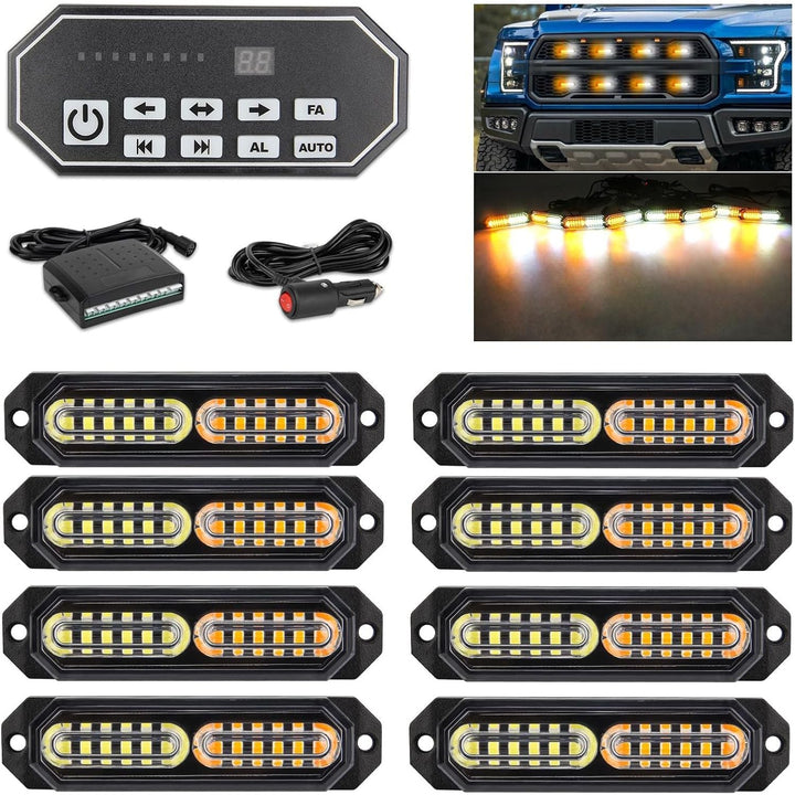 White Amber Led Grille Strobe Lights with 9 Key Switch 20 - Mode Surface Mount 12 - LED Mini Warning Flashing Grill Light Bar for Construction Tow Trucks Van Utility Vehicle, 8pcs Pack - Just Closeouts Canada Inc.