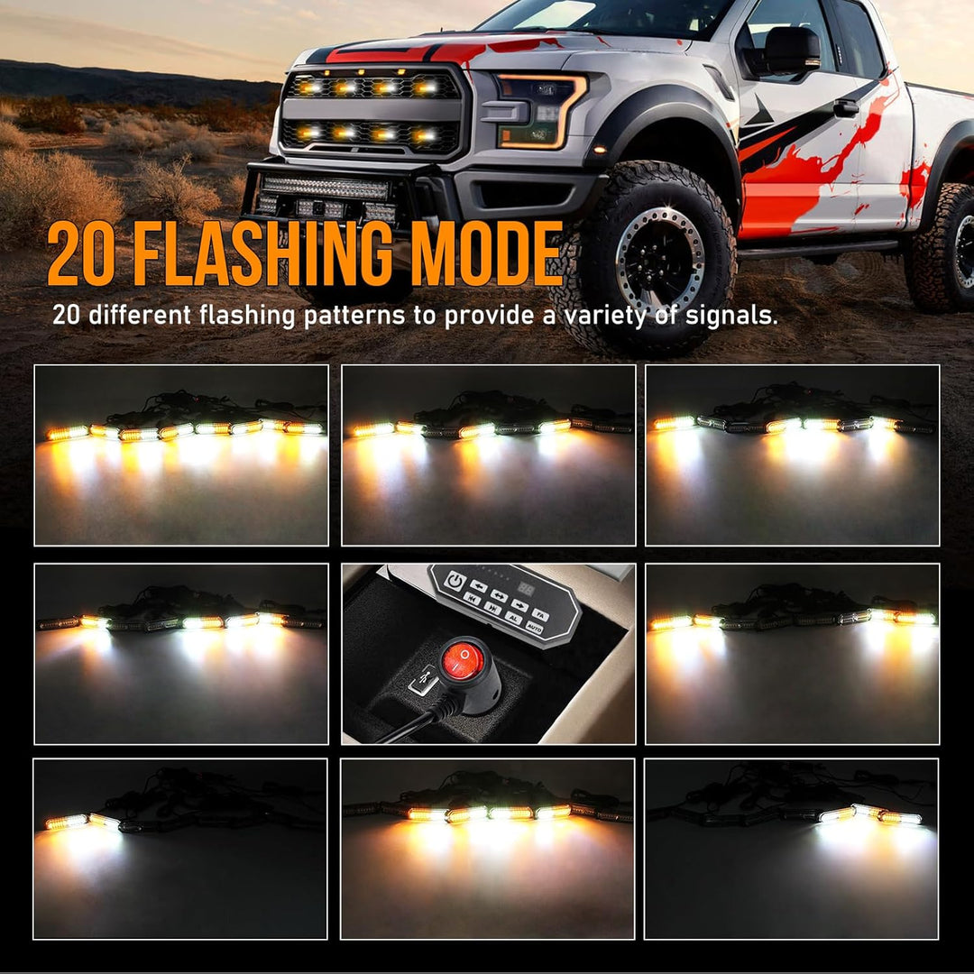 White Amber Led Grille Strobe Lights with 9 Key Switch 20 - Mode Surface Mount 12 - LED Mini Warning Flashing Grill Light Bar for Construction Tow Trucks Van Utility Vehicle, 8pcs Pack - Just Closeouts Canada Inc.
