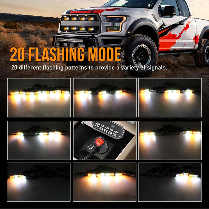 White Amber Led Grille Strobe Lights with 9 Key Switch 20 - Mode Surface Mount 12 - LED Mini Warning Flashing Grill Light Bar for Construction Tow Trucks Van Utility Vehicle, 8pcs Pack - Just Closeouts Canada Inc.