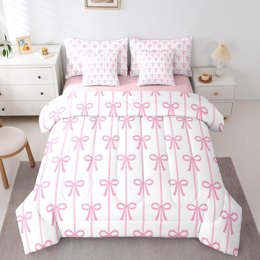 White & Deep Pink Bow Twin 7-Piece Comforter Set - Just Closeouts Canada Inc.X004LUCFZJ