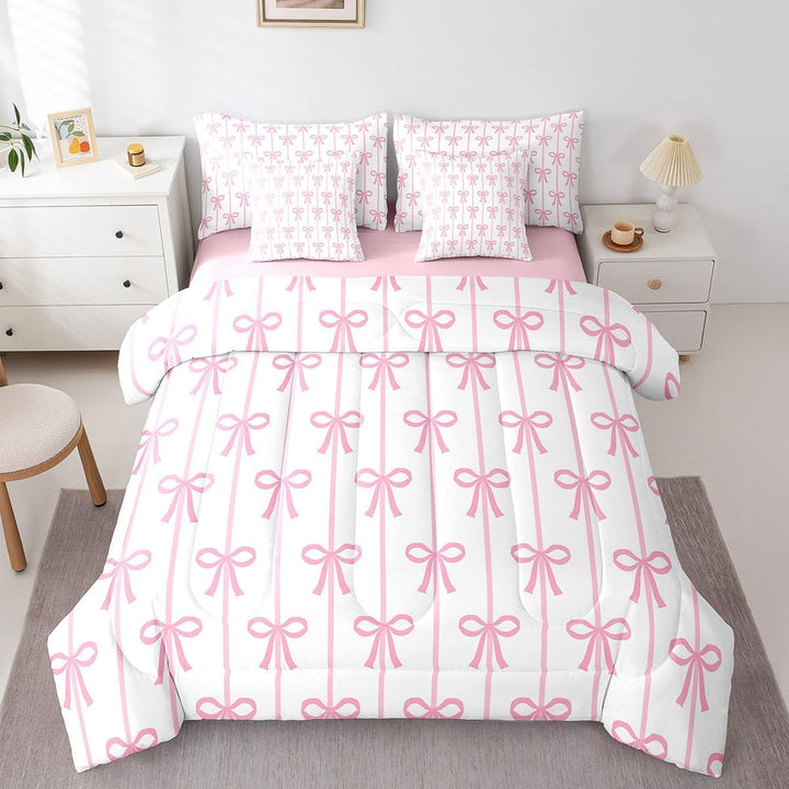White & Deep Pink Bow Twin 7-Piece Comforter Set - Just Closeouts Canada Inc.X004LUCFZJ