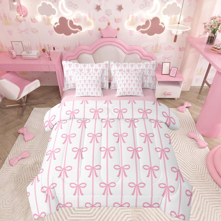 White & Deep Pink Bow Twin 7-Piece Comforter Set - Just Closeouts Canada Inc.X004LUCFZJ