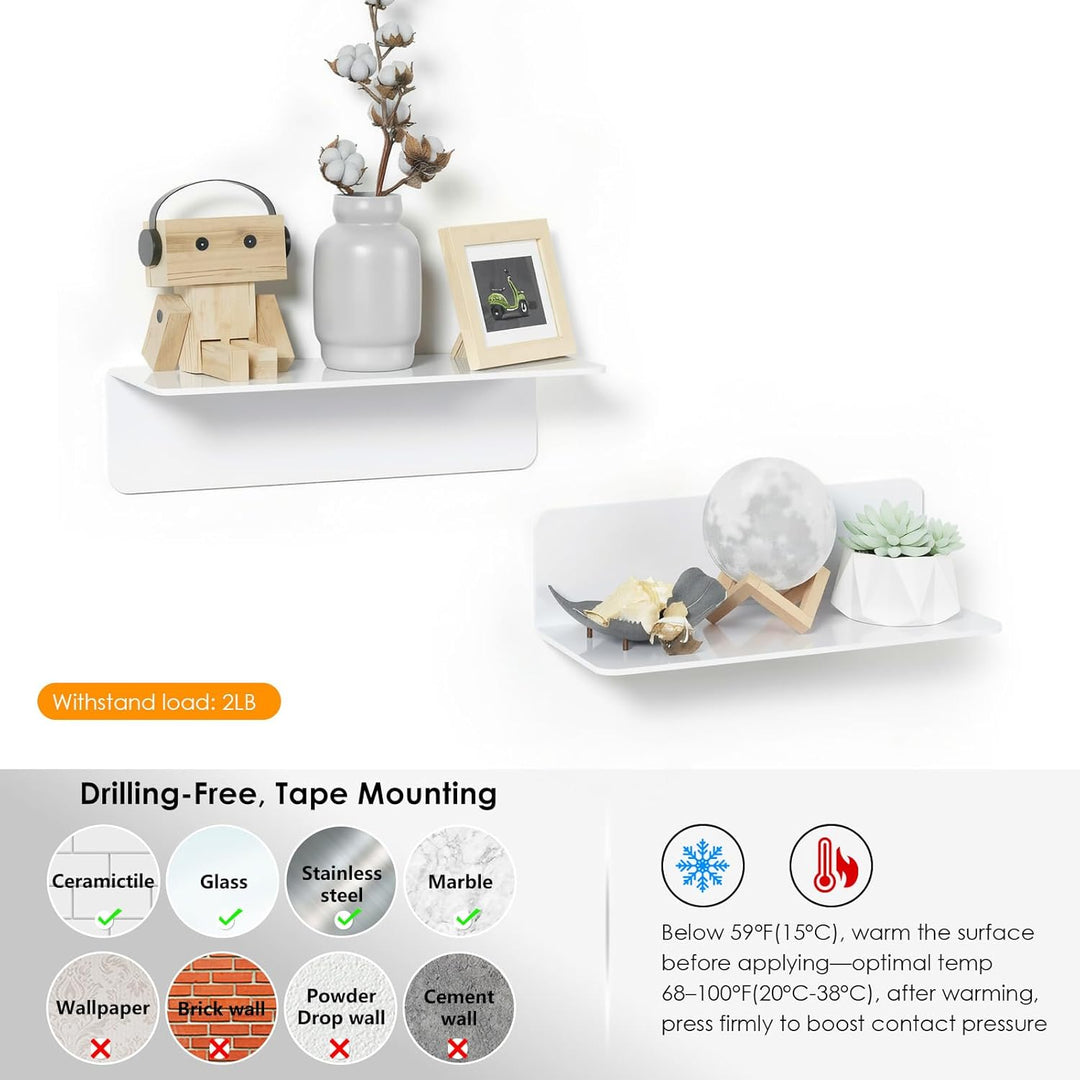 White Floating Wall Shelf Set of 2 - Easily Expand Wall Space - 9 Inch Acrylic Wall Shelves for Bedroom, Living Room, Bathroom, Office, Gaming Room with Cable Clips (White) - Just Closeouts Canada Inc.