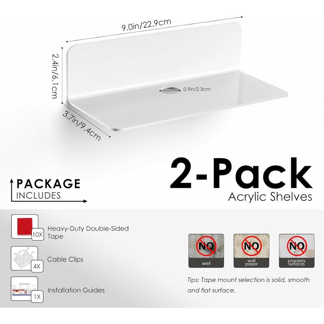White Floating Wall Shelf Set of 2 - Easily Expand Wall Space - 9 Inch Acrylic Wall Shelves for Bedroom, Living Room, Bathroom, Office, Gaming Room with Cable Clips (White) - Just Closeouts Canada Inc.