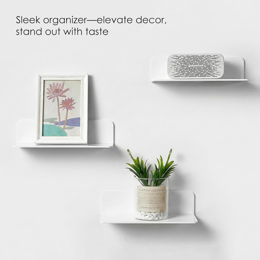 White Floating Wall Shelf Set of 2 - Easily Expand Wall Space - 9 Inch Acrylic Wall Shelves for Bedroom, Living Room, Bathroom, Office, Gaming Room with Cable Clips (White) - Just Closeouts Canada Inc.