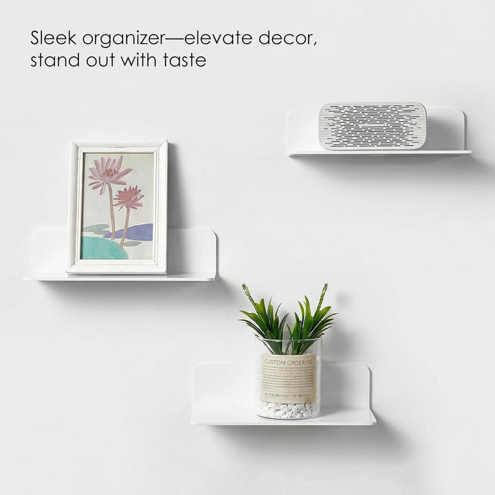 White Floating Wall Shelf Set of 2 - Easily Expand Wall Space - 9 Inch Acrylic Wall Shelves for Bedroom, Living Room, Bathroom, Office, Gaming Room with Cable Clips (White) - Just Closeouts Canada Inc.