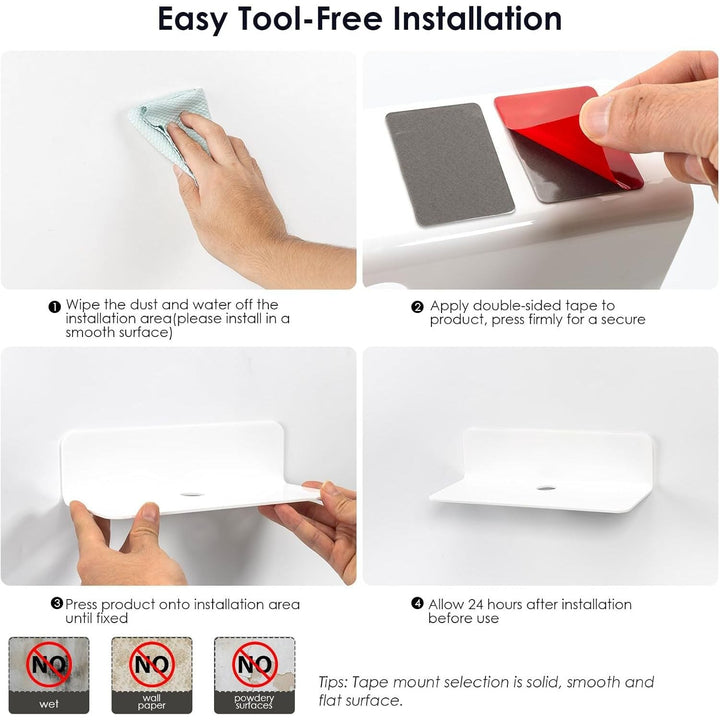 White Floating Wall Shelf Set of 2 - Easily Expand Wall Space - 9 Inch Acrylic Wall Shelves for Bedroom, Living Room, Bathroom, Office, Gaming Room with Cable Clips (White) - Just Closeouts Canada Inc.
