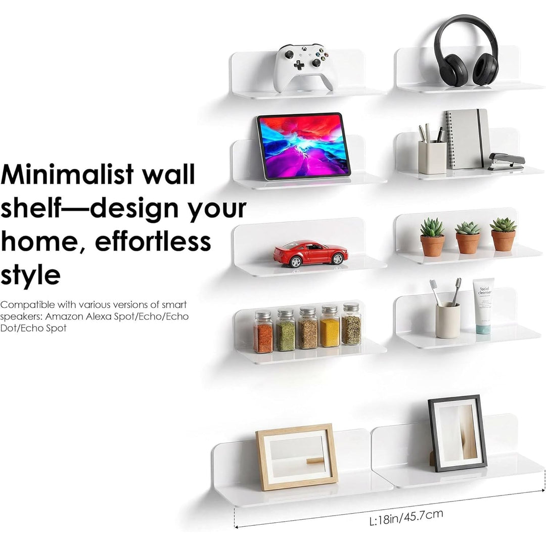 White Floating Wall Shelf Set of 2 - Easily Expand Wall Space - 9 Inch Acrylic Wall Shelves for Bedroom, Living Room, Bathroom, Office, Gaming Room with Cable Clips (White) - Just Closeouts Canada Inc.