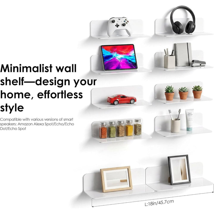 White Floating Wall Shelf Set of 2 - Easily Expand Wall Space - 9 Inch Acrylic Wall Shelves for Bedroom, Living Room, Bathroom, Office, Gaming Room with Cable Clips (White) - Just Closeouts Canada Inc.