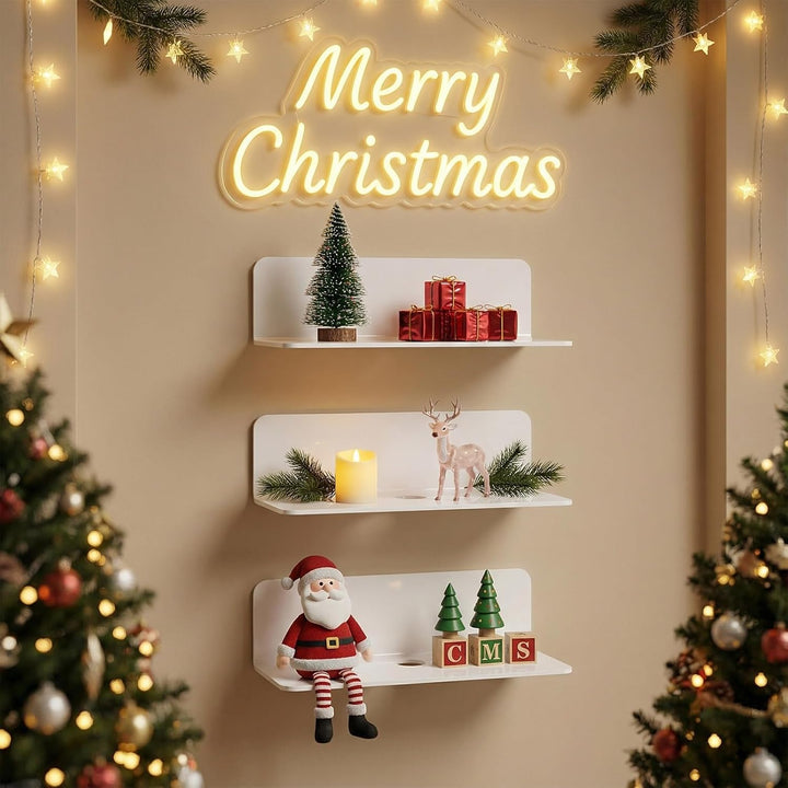 White Floating Wall Shelf Set of 2 - Easily Expand Wall Space - 9 Inch Acrylic Wall Shelves for Bedroom, Living Room, Bathroom, Office, Gaming Room with Cable Clips (White) - Just Closeouts Canada Inc.