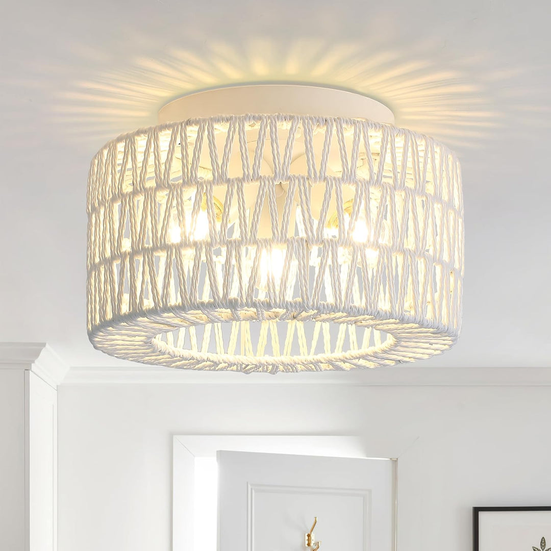 White Rattan Light Fixtures, Retro 11.8 inch 3 - Light Boho Semi Flush Ceiling Light Hand - Woven Cage Shade Lamp Lighting for Hallway Nursery Kitchen Foyer Entryway - Just Closeouts Canada Inc.X0046AUHYF