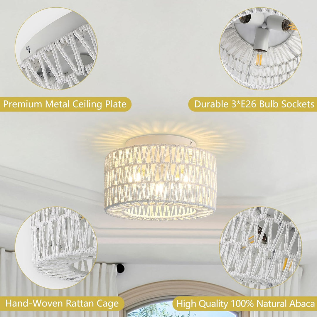 White Rattan Light Fixtures, Retro 11.8 inch 3 - Light Boho Semi Flush Ceiling Light Hand - Woven Cage Shade Lamp Lighting for Hallway Nursery Kitchen Foyer Entryway - Just Closeouts Canada Inc.X0046AUHYF