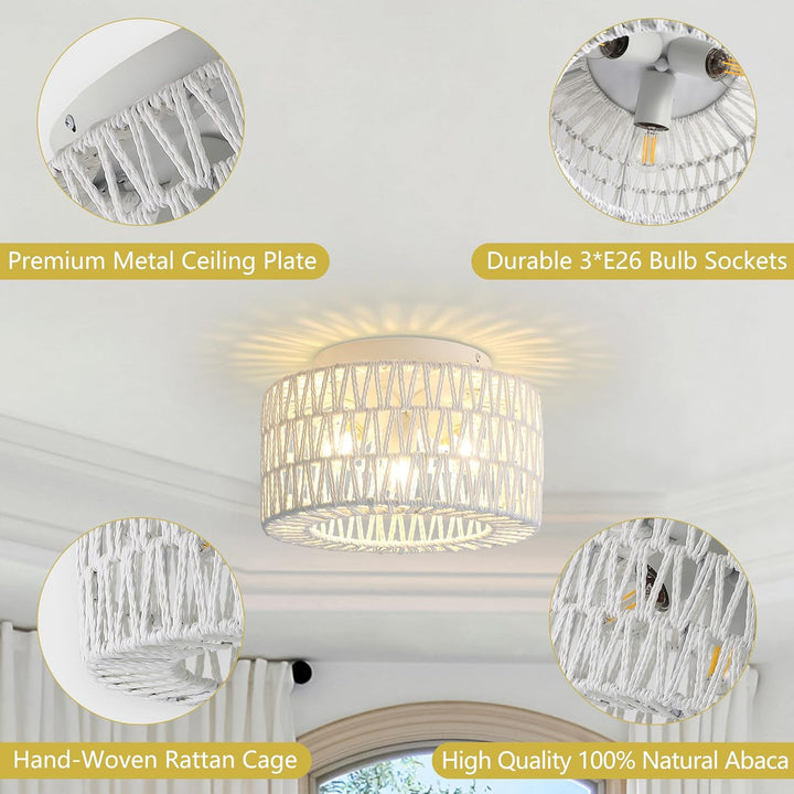 White Rattan Light Fixtures, Retro 11.8 inch 3 - Light Boho Semi Flush Ceiling Light Hand - Woven Cage Shade Lamp Lighting for Hallway Nursery Kitchen Foyer Entryway - Just Closeouts Canada Inc.X0046AUHYF