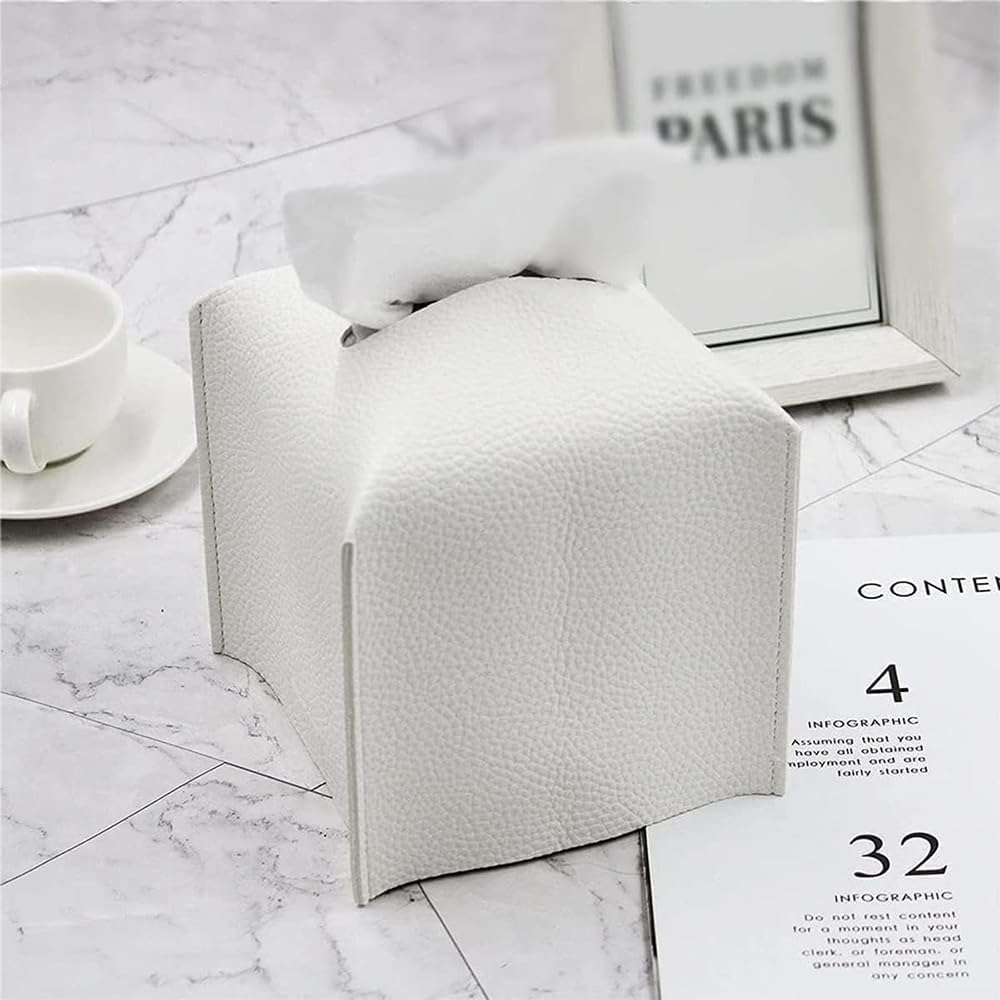White Square PU Leather Tissue Box Cover with Bottom Strap - Just Closeouts Canada Inc.