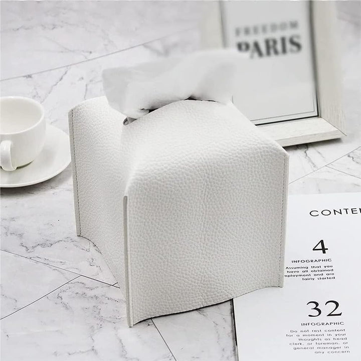 White Square PU Leather Tissue Box Cover with Bottom Strap - Just Closeouts Canada Inc.