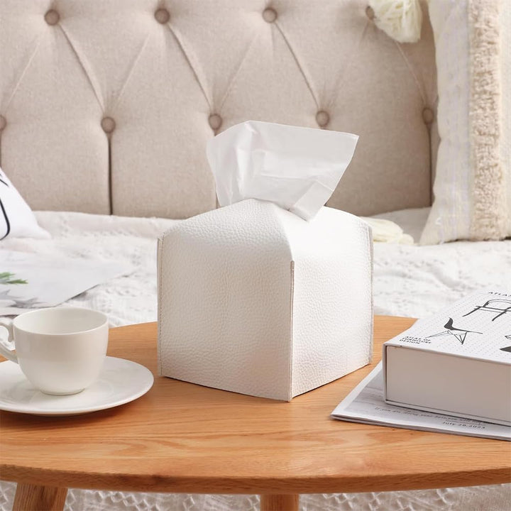 White Square PU Leather Tissue Box Cover with Bottom Strap - Just Closeouts Canada Inc.