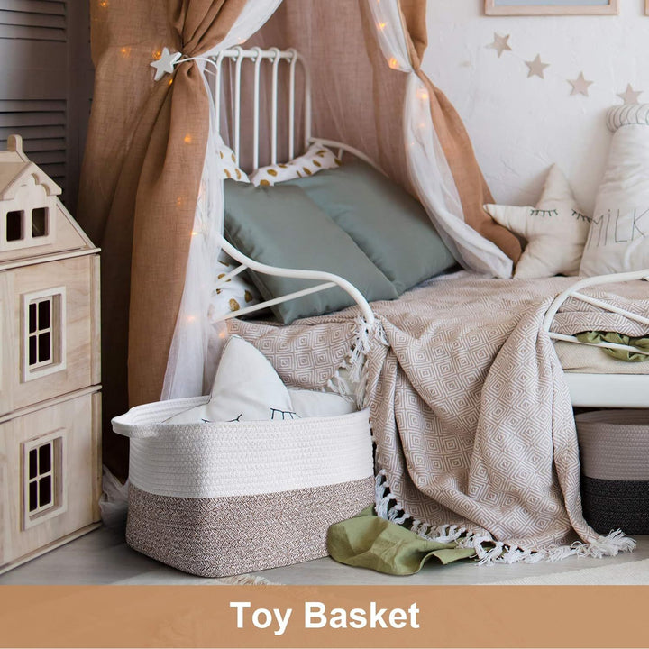 White Woven Rope Basket with Handles, Medium Rectangle Basket for Books, Toys, Towels, Square Decorative Baskets for Living Room, Nursery, Shelf Baskets for Bedroom, 13" x 10" x 9" - Just Closeouts Canada Inc.