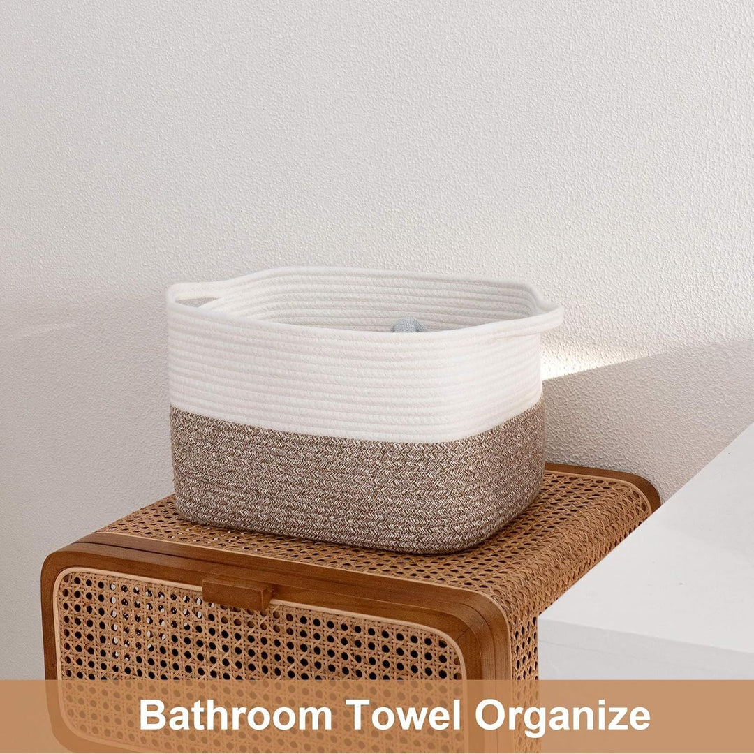 White Woven Rope Basket with Handles, Medium Rectangle Basket for Books, Toys, Towels, Square Decorative Baskets for Living Room, Nursery, Shelf Baskets for Bedroom, 13" x 10" x 9" - Just Closeouts Canada Inc.