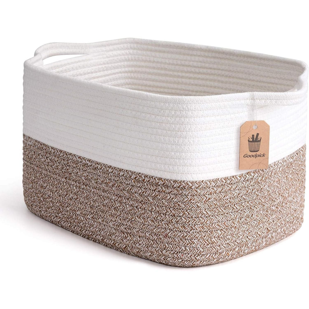 White Woven Rope Basket with Handles, Medium Rectangle Basket for Books, Toys, Towels, Square Decorative Baskets for Living Room, Nursery, Shelf Baskets for Bedroom, 13" x 10" x 9" - Just Closeouts Canada Inc.