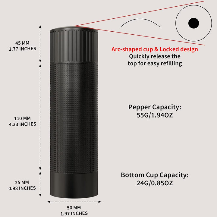 WhiteRhino Professional Grade Pepper Mill, 430 Stainless Steel Blade Premium Hand Metal Pepper Grinder Heavy Duty,Refillable Aluminum Manual Pepper Mill with Adjustable Coarseness - Black - Just Closeouts Canada Inc.
