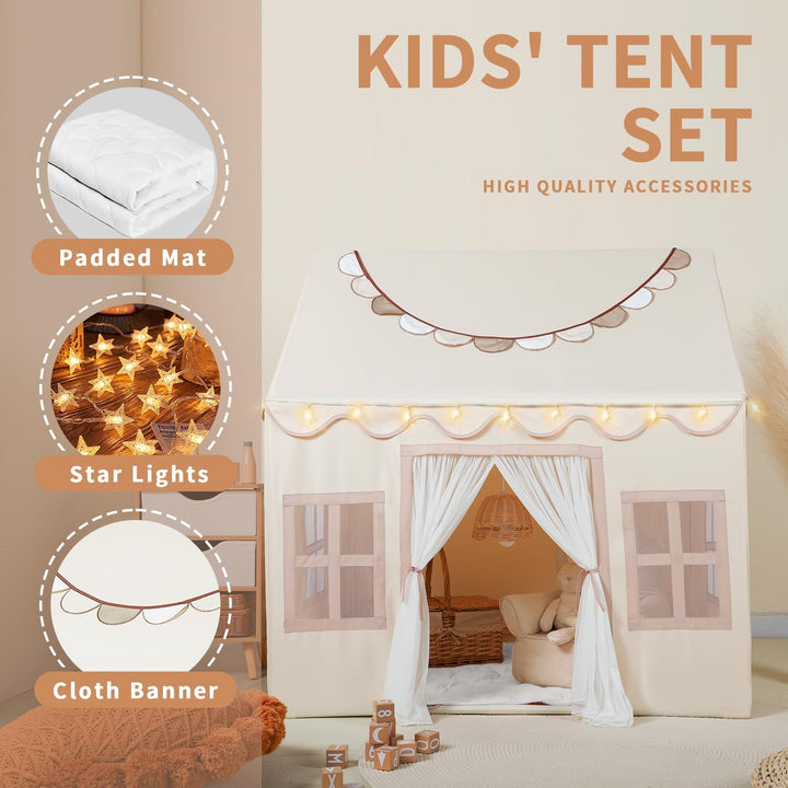 Wilwolfer Kids Tent with Mat, Star Lights, Banner - Tent for Kids Indoor Playhouse Toddler Tent Kids Play Tent for Ages 4 - 8 Girls Play Tent Playroom Furnitures - Just Closeouts Canada Inc.