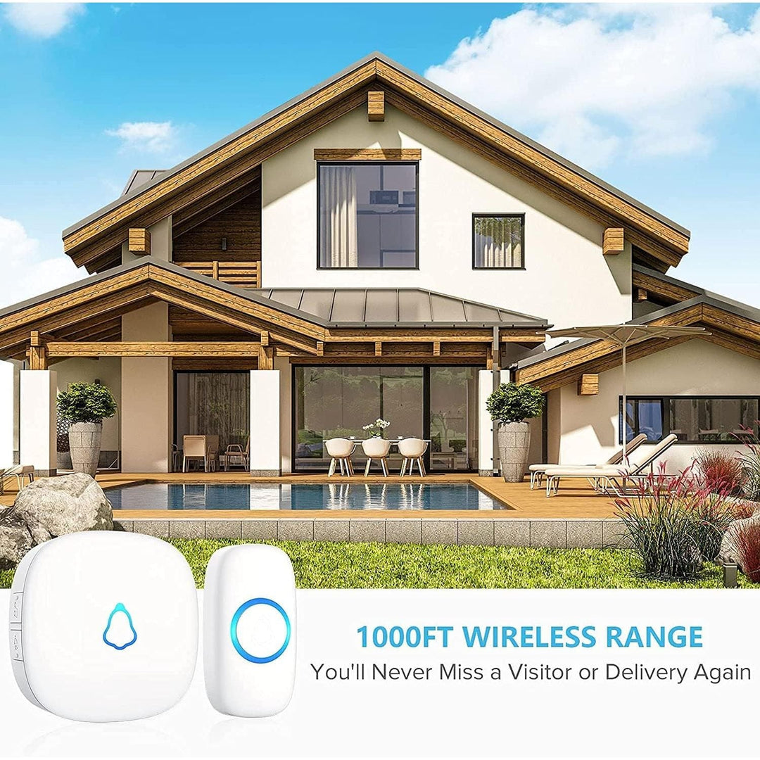 Wireless Doorbell with 2 Buttons, Easy Installation Waterproof Mini Doorbell Kits, 5 Adjustable Volumes, 58 Chimes, 1000Ft Range, LED Indicator, White - Just Closeouts Canada Inc.