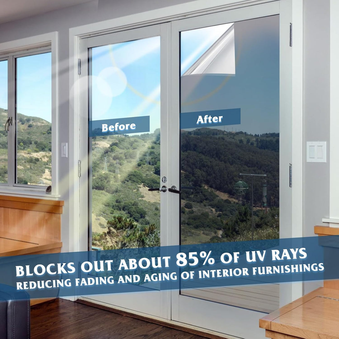 WPCTEV Window Film One Way Mirror Film Daytime Privacy Static Non - Adhesive Decorative Heat Control Anti UV Window Tint for Home and Office Silver 6 Mil 17.5 Inch x 6.5 Feet - Just Closeouts Canada Inc.