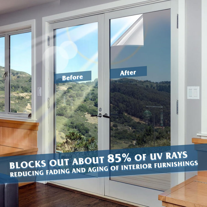 WPCTEV Window Film One Way Mirror Film Daytime Privacy Static Non - Adhesive Decorative Heat Control Anti UV Window Tint for Home and Office Silver 6 Mil 17.5 Inch x 6.5 Feet - Just Closeouts Canada Inc.