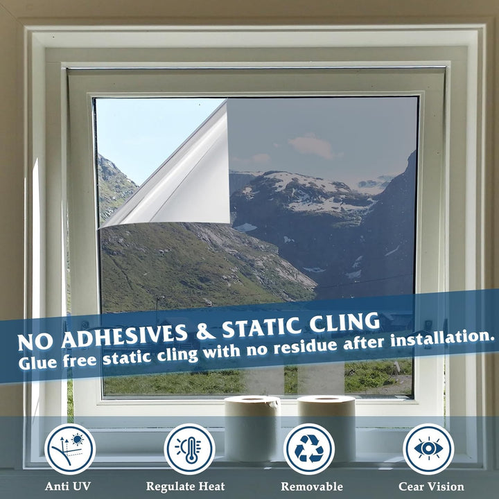 WPCTEV Window Film One Way Mirror Film Daytime Privacy Static Non - Adhesive Decorative Heat Control Anti UV Window Tint for Home and Office Silver 6 Mil 17.5 Inch x 6.5 Feet - Just Closeouts Canada Inc.