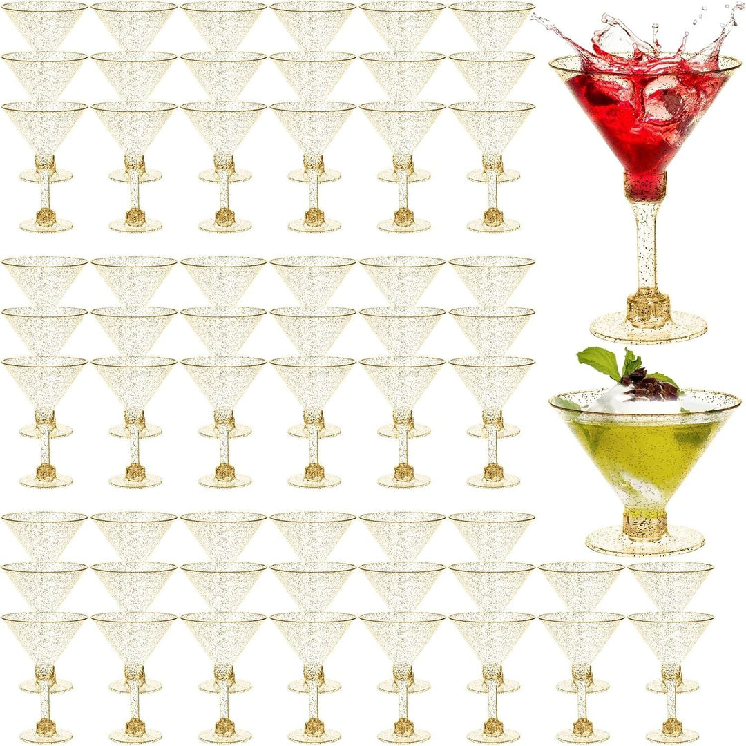 WUWEOT 60 Pack Plastic Martini Glasses, 5 Oz Gold Glitter Disposable Cocktail Glasses, Tall Appetizer Dessert Cups, Unbreakable Wine Shooter Glasses for Margarita Wine Champagne Ice Cream - Just Closeouts Canada Inc.