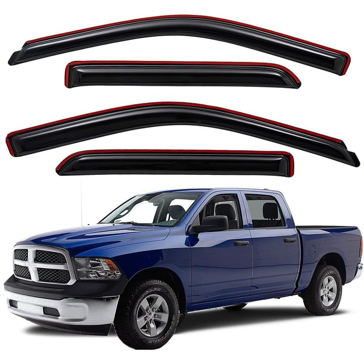 WV194109 In - Channel Window Deflector & Visor Rain Guard, Dark Smoke, 4 - Pieces Set, Fit 2009 - 2018 Dodge Ram 1500 Crew Cab, 2010 - 2024 Ram 2500 & 3500 Crew & Mega Cab, 2019 - 2023 Ram 1500 Classic Crew Cab - Just Closeouts Canada Inc.