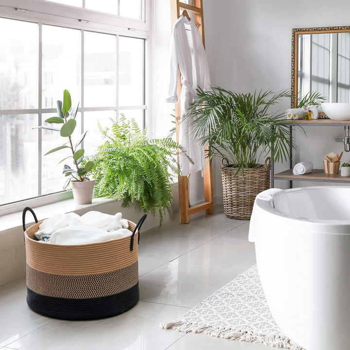 XXXLarge Cotton Rope Basket, 21" x 14", Woven Blanket Storage Basket for Living Room Laundry Basket for Pillows Toys Clothes Hamper Wicker Basket with Handles, Black Jute Stripes - Just Closeouts Canada Inc.