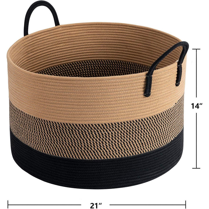 XXXLarge Cotton Rope Basket, 21" x 14", Woven Blanket Storage Basket for Living Room Laundry Basket for Pillows Toys Clothes Hamper Wicker Basket with Handles, Black Jute Stripes - Just Closeouts Canada Inc.