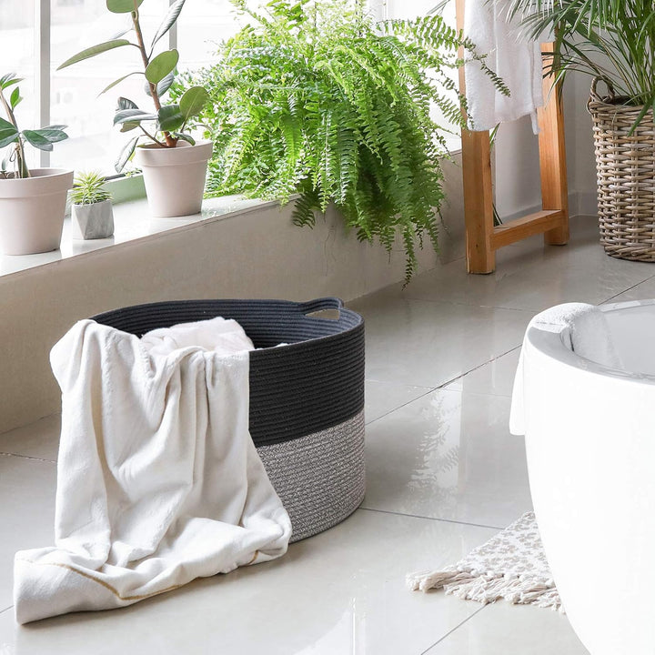 XXXLarge Cotton Rope Basket 21.7" x 21.7" x 13.8" Blanket Basket Woven Wicker Basket Baby Laundry Basket for Toys Storage Basket with Handle Comforter Storage Bins Thread Laundry Hamper (Dark Grey Black) - Just Closeouts Canada Inc.