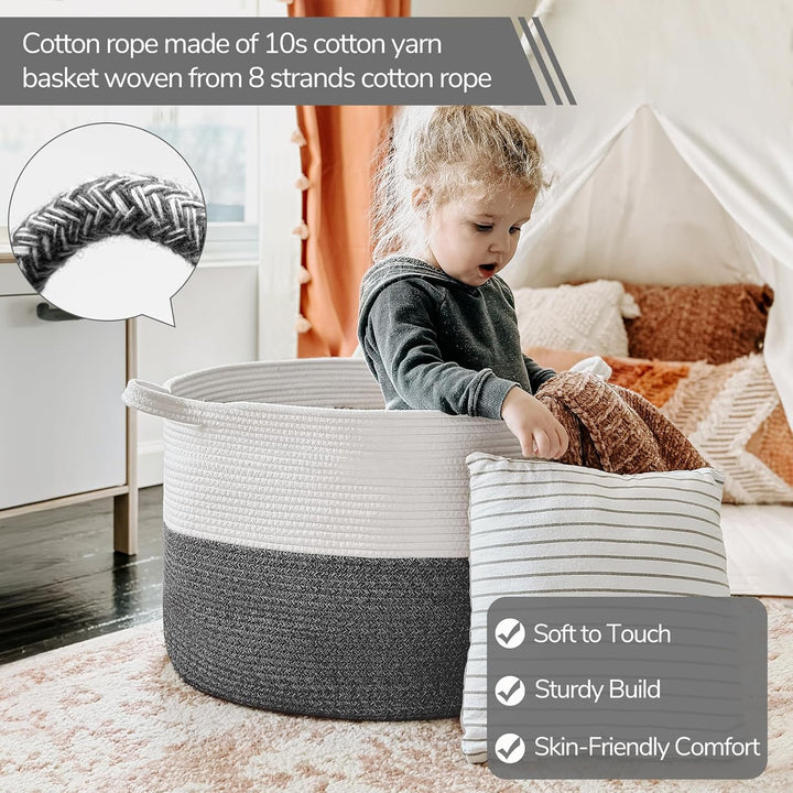 XXXLarge Cotton Rope Basket 21.7" x 21.7" x 13.8" Woven Baby Laundry Basket for Blankets Toys Storage Basket with Handle Comforter Cushions Storage Bins Thread Laundry Hamper, Dark Grey & White - Just Closeouts Canada Inc.