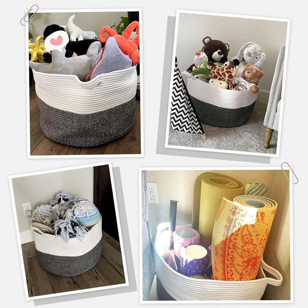 XXXLarge Cotton Rope Basket 21.7" x 21.7" x 13.8" Woven Baby Laundry Basket for Blankets Toys Storage Basket with Handle Comforter Cushions Storage Bins Thread Laundry Hamper, Dark Grey & White - Just Closeouts Canada Inc.