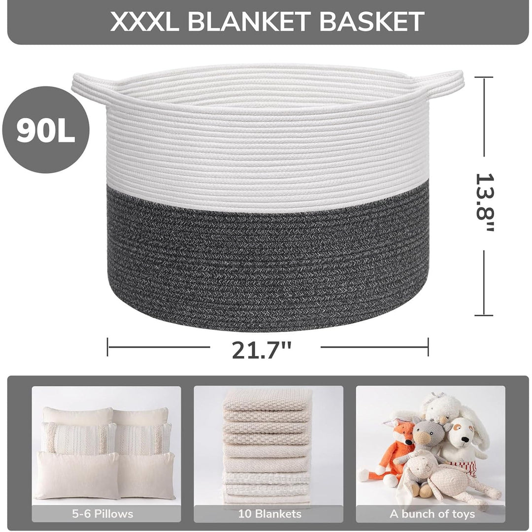 XXXLarge Cotton Rope Basket 21.7" x 21.7" x 13.8" Woven Baby Laundry Basket for Blankets Toys Storage Basket with Handle Comforter Cushions Storage Bins Thread Laundry Hamper, Dark Grey & White - Just Closeouts Canada Inc.