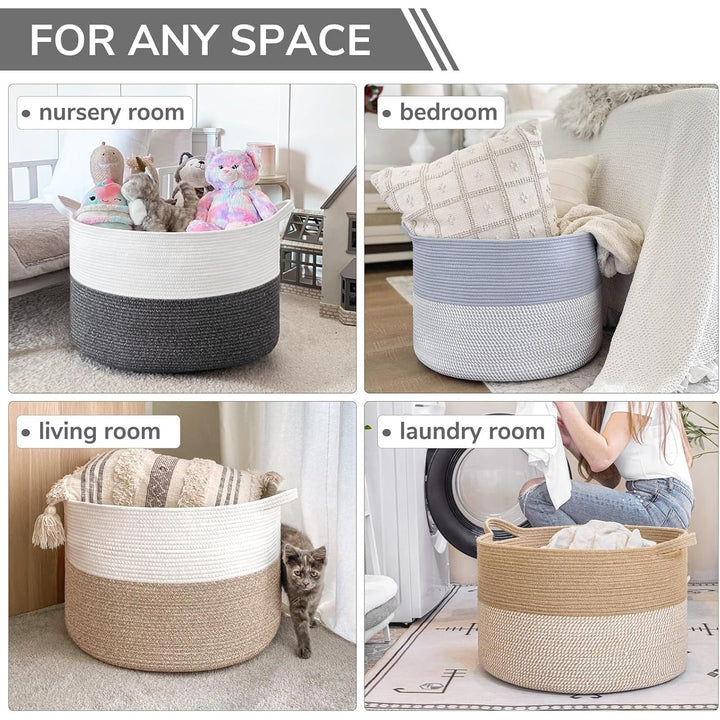 XXXLarge Cotton Rope Basket 21.7" x 21.7" x 13.8" Woven Baby Laundry Basket for Blankets Toys Storage Basket with Handle Comforter Cushions Storage Bins Thread Laundry Hamper, Dark Grey & White - Just Closeouts Canada Inc.