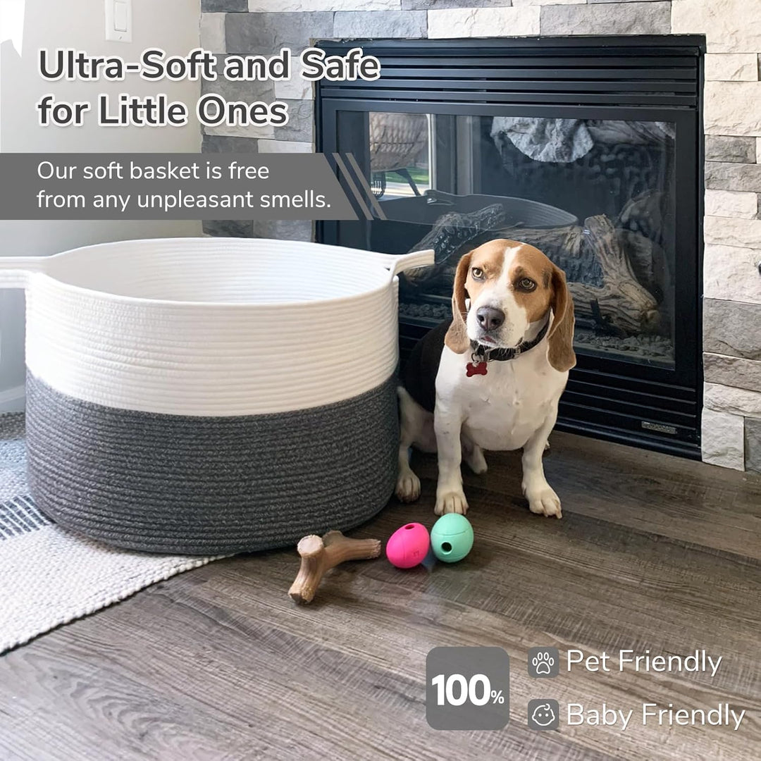 XXXLarge Cotton Rope Basket 21.7" x 21.7" x 13.8" Woven Baby Laundry Basket for Blankets Toys Storage Basket with Handle Comforter Cushions Storage Bins Thread Laundry Hamper, Dark Grey & White - Just Closeouts Canada Inc.