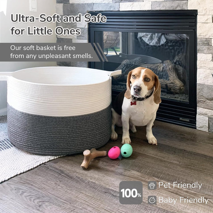 XXXLarge Cotton Rope Basket 21.7" x 21.7" x 13.8" Woven Baby Laundry Basket for Blankets Toys Storage Basket with Handle Comforter Cushions Storage Bins Thread Laundry Hamper, Dark Grey & White - Just Closeouts Canada Inc.