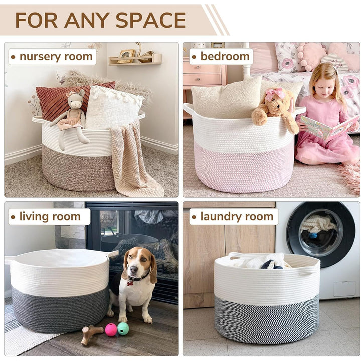 XXXLarge Cotton Rope Basket 21.7" x 21.7" x 13.8" Woven Baby Laundry Basket for Blankets Toys Storage Basket with Handle Comforter Cushions Storage Bins Thread Laundry Hamper, Brown - Just Closeouts Canada Inc.