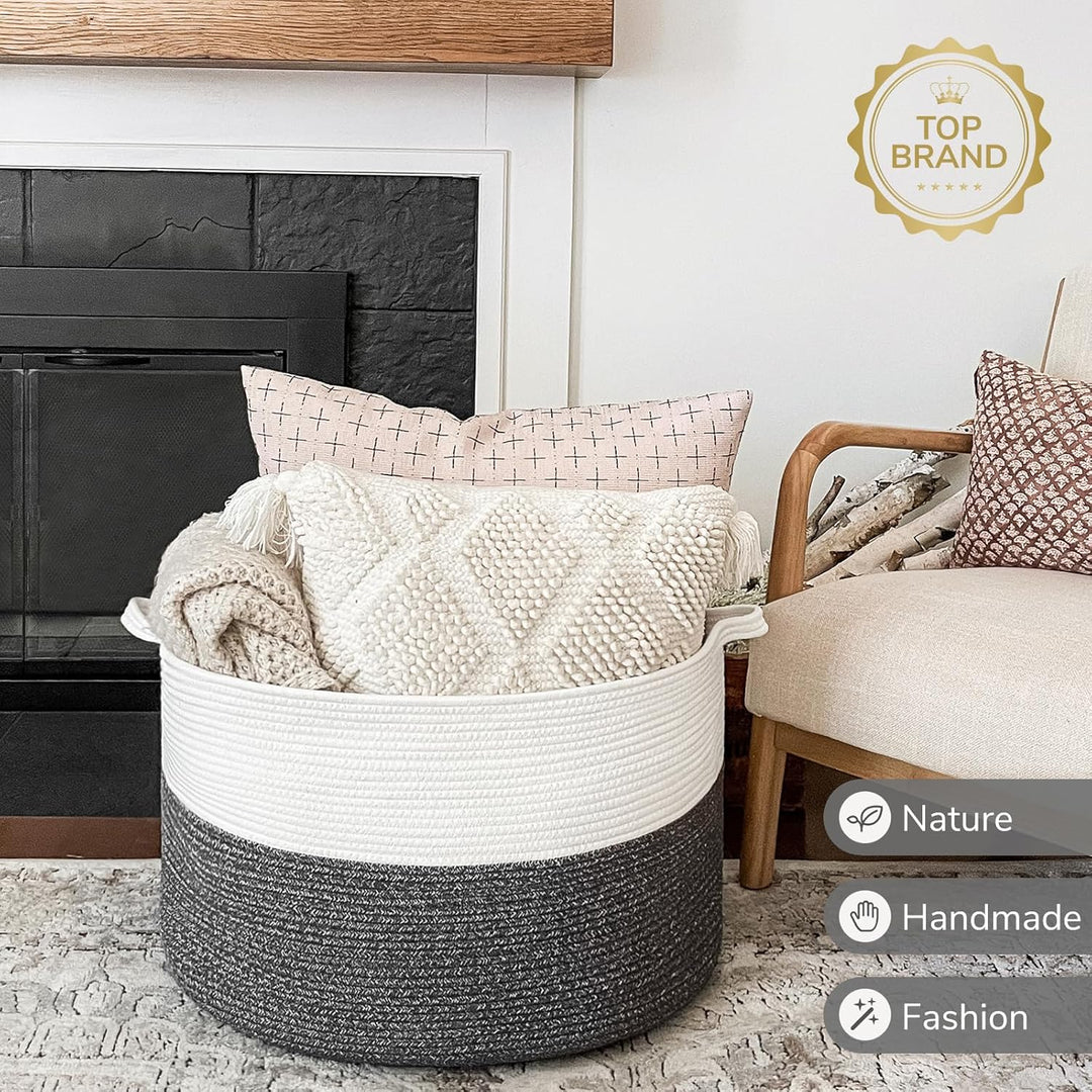 XXXLarge Cotton Rope Basket 21.7" x 21.7" x 13.8" Woven Baby Laundry Basket for Blankets Toys Storage Basket with Handle Comforter Cushions Storage Bins Thread Laundry Hamper, Dark Grey & White - Just Closeouts Canada Inc.