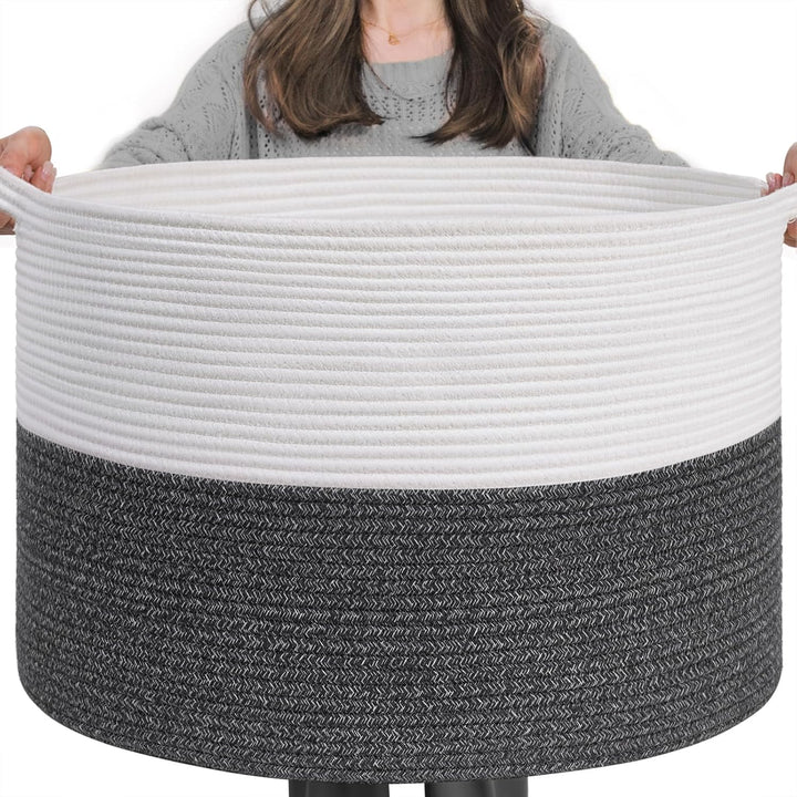 XXXLarge Cotton Rope Basket 21.7" x 21.7" x 13.8" Woven Baby Laundry Basket for Blankets Toys Storage Basket with Handle Comforter Cushions Storage Bins Thread Laundry Hamper, Dark Grey & White - Just Closeouts Canada Inc.