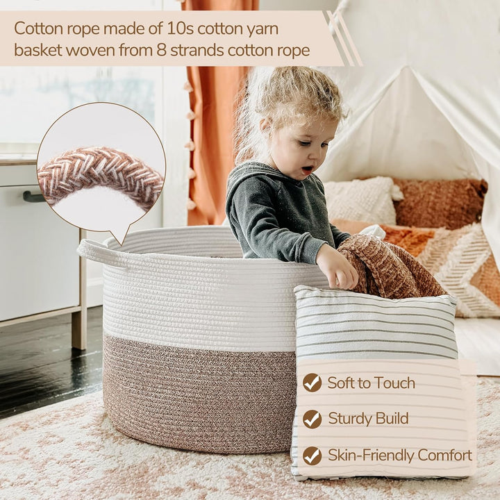 XXXLarge Cotton Rope Basket 21.7" x 21.7" x 13.8" Woven Baby Laundry Basket for Blankets Toys Storage Basket with Handle Comforter Cushions Storage Bins Thread Laundry Hamper, Brown - Just Closeouts Canada Inc.