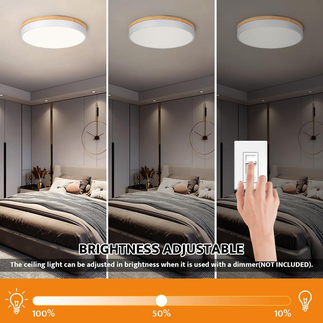 Yiisem Dimmable Wood LED Flush Mount Ceiling Light, 2700K - 6000K Selectable Modern Round Close to Ceiling Lighting Fixtures, Minimalist White Ceiling Lamp for Living Room, Bedroom, Laundry Room - Just Closeouts Canada Inc.