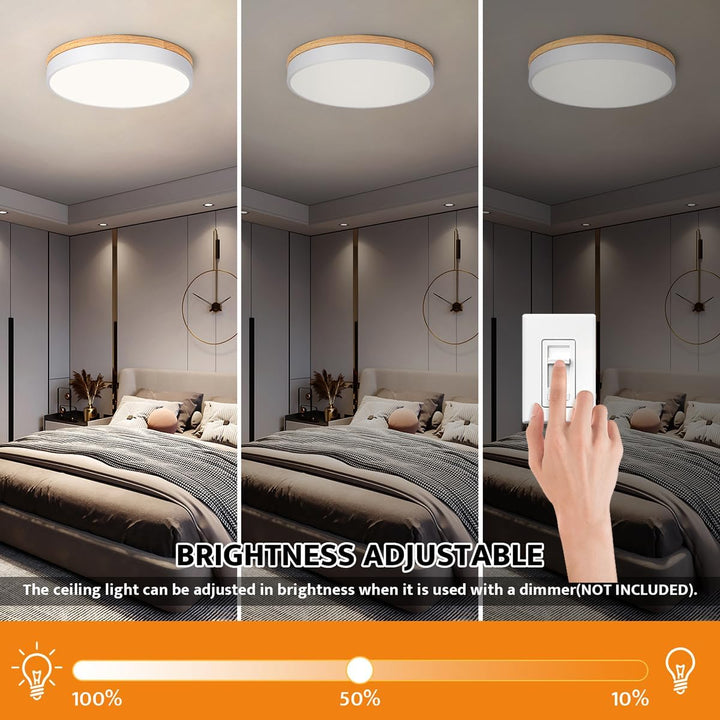 Yiisem Dimmable Wood LED Flush Mount Ceiling Light, 2700K - 6000K Selectable Modern Round Close to Ceiling Lighting Fixtures, Minimalist White Ceiling Lamp for Living Room, Bedroom, Laundry Room - Just Closeouts Canada Inc.